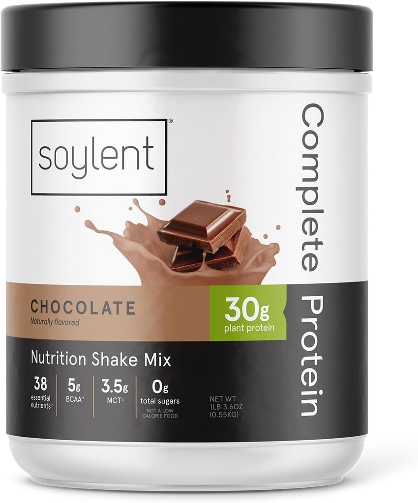 Soylent Complete Protein Powder, Chocolate, 30g Protein Shake for Muscle Growth and Recovery, BCAAs, DHA, MCT, 28 Vitaminas & Minerales, Zero Sugar, Gluten Free, Vegan - 1.25lb