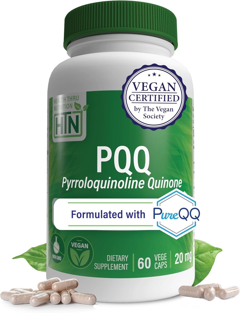 Health Thru Nutrition PQ 20mg 60 Servings Pyrroloquinoline Quinone as PureQQQ ← Mitocondrial Biogenesis ← Certified Vegan ← Non-GMO Gluten Soy Free Capsules Tortura Clean Label PQ Suplemento