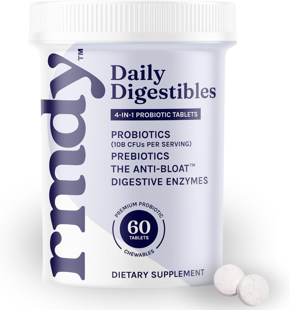 rmdy Constipation, Bloating, & Gas Relief | Relief from Diarrhea, & IBS | Probiotic for Digestive Health & Gut | 60 Sugar Free Chewable Bloating Relief Tablets