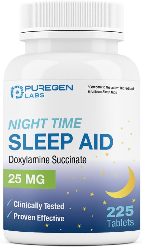 Puregen Labs Doxylamine Succinate 25mg | Nighttime Sleep Aid | Safe & Effective | Non-Habit Forming Sleep Aid | Made in USA | 225 Tablets