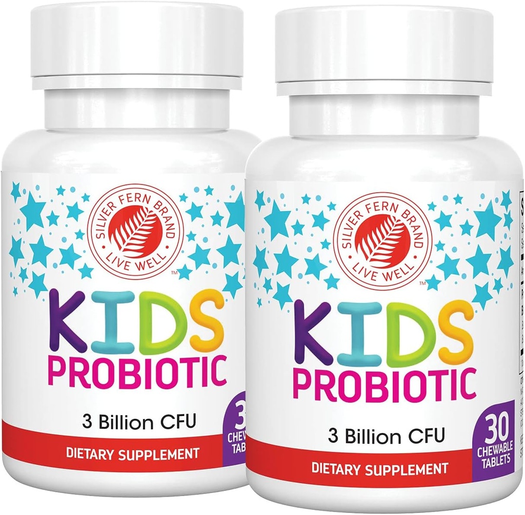 Silver Fern Brand Kids Ultimate Probiotic - 2 Bottles - 30 Chewable Tablets Cada - Sugar & Gluten Gratis - Suplemento dietético para niños - DNA & Survivability Verified - Digestive &amp; Immune Support