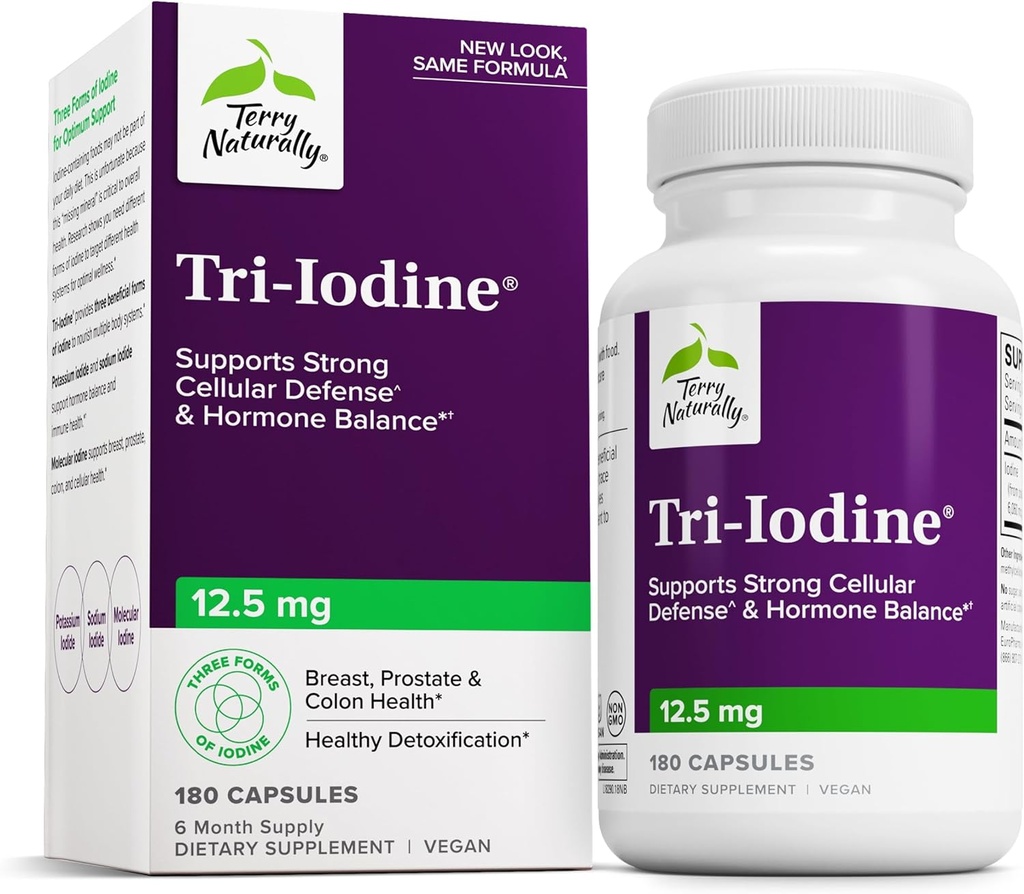 Terry Naturalmente Tri-Iodine - Asistencia para la salud tiroidea - Ayuda equilibrio hormonal con yodo molecular de Kelp - Características Iodide de potasio & Iodide de sodio - Cerebro & energía Soporte - 12,5 mg, 180 cápsulas
