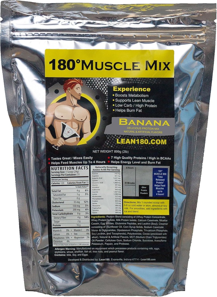 Lean 180 Muscle Mix - Best Tasting Whey Protein Shake - Desayuno, Post Workout, Snack - Ayuda Lean Muscle, Boosts Energy - Pruebas Great - 31 Shakes - Banana
