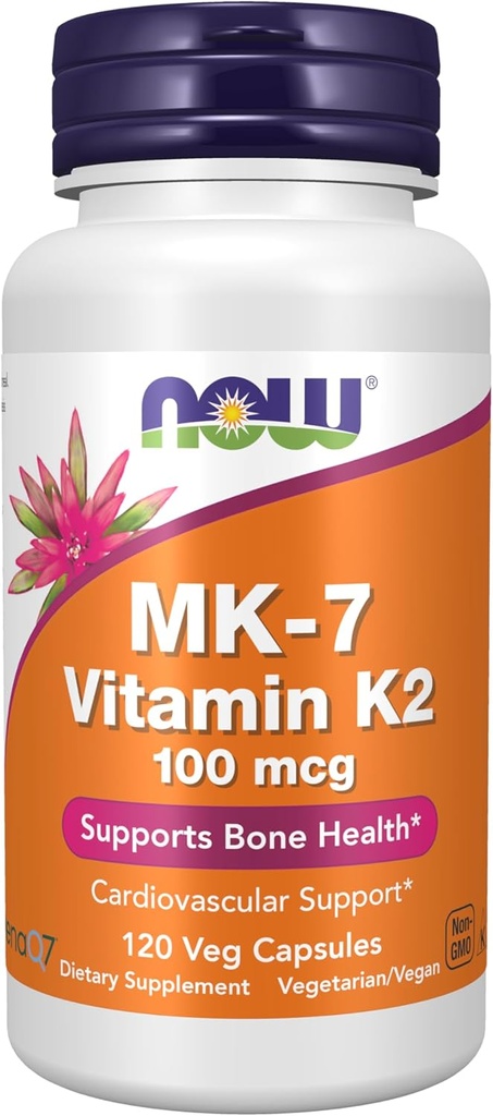 AHORA Suplementos de alimentos, MK-7 Vitamina K-2 100 mcg, soporte cardiovascular*, soporta la salud ósea*, 120 cápsulas de veg