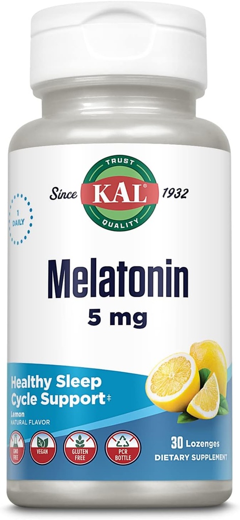 KAL Melatonina 5mg Ayuda para el sueño concesiones, suplemento de melatonina soporta la calidad del sueño, la relajación calmante y un ciclo del sueño saludable, con vitamina B6, vegetariano, sabor natural de limón, 30 lozenges