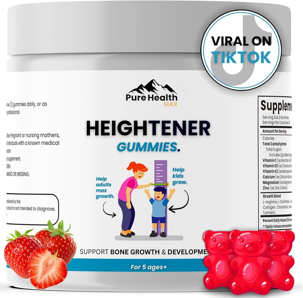 Heightener Gummies - Suplemento de Crecimiento de Altura Natural para Niños, Adolescentes y Adultos para Aumentar la Fuerza de Bonificación y Crecimiento Superior Silencioso Altura Máximo Píldoras con L-Arginina, Calcio &amp; Zinc