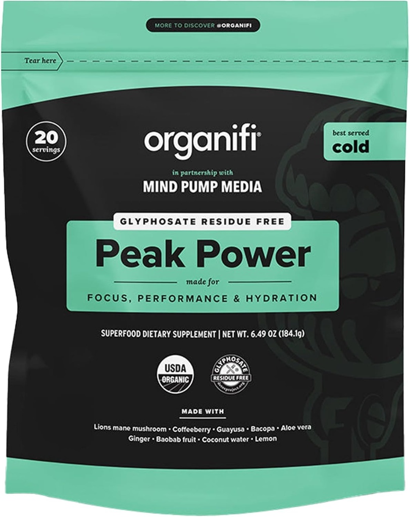 Organifi Peak Power, Pre Workout Powder para apoyar la hidratación, con Lion's Mane y Guayusa
