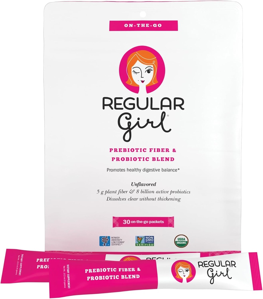 Chica Orgánica de Polvo Orgánica, Suplemento de Fibra Prebiótica y Probióticos para Mujeres, Bajo FODMAP, 30 Paquetes On-The-Go, Desarrollados, 30 Paquetes de Servición