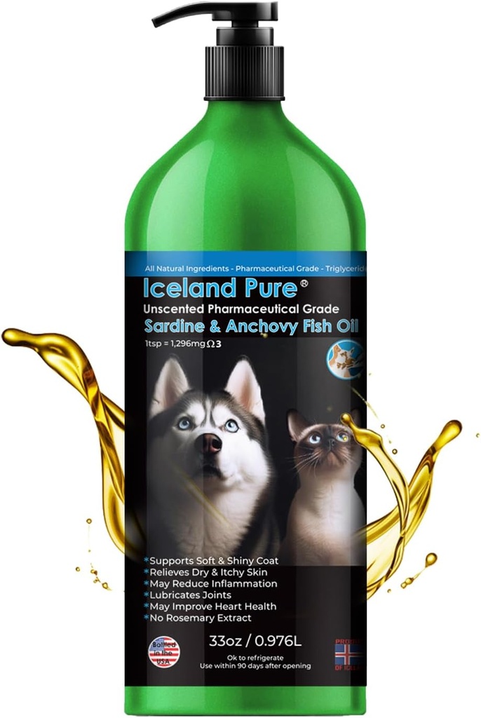 Sardine Anchovy Oil | 1296mg Omega | Unscented Pharmaceutical Grade | For Dogs & Cats | BPA-Free Brushed Aluminum Epoxy Coated Bottle with Pump 33 OZ