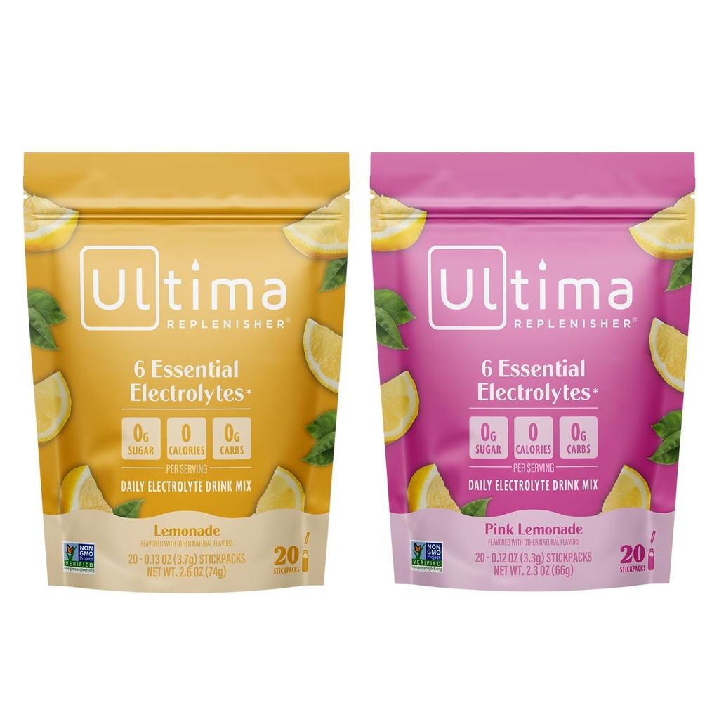 Ultima Replenisher Electrolyte Powder Drink Mix Bundle – Sugar Free – Lemonade y Pink Lemonade, 20 Stickpacks – 6 electrolitos y minerales – Keto Friendly, Vegan, Non-GMO