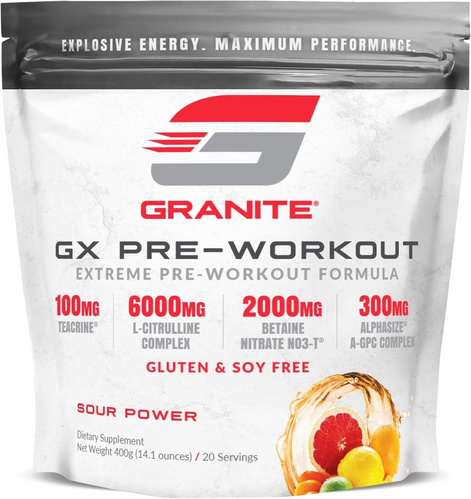 Granite GX Pre Workout Suplemento, Sour Power Flavor, Supports Focus, Energy, " Performance with Teacrine, L-Citrulline, Betaine, " A-GPC (20 Servings)
