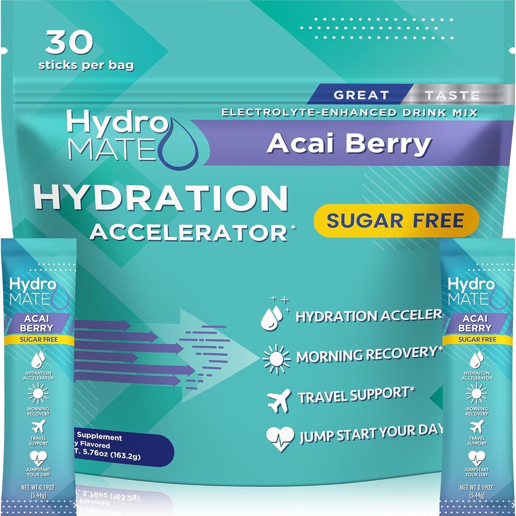 Electrolyte Powder Sugar-Free Hydration Packets Acai Berry HydroMATE 30 Sticks