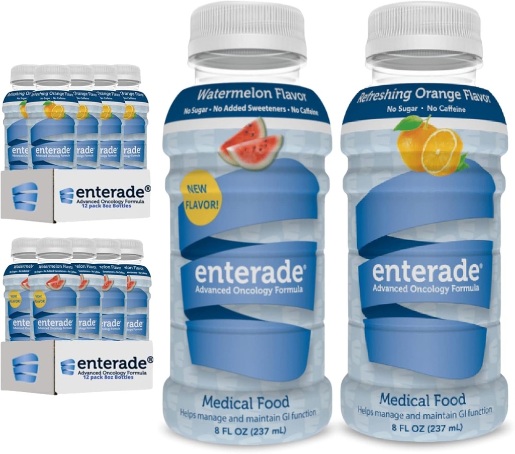 enterade AO 24 Botellas Orange y Watermelon Bundle, especialmente formulado para reducir el tratamiento Efectos secundarios GI, 8oz Naranja (1 Pack de 12) + 8oz sandía (1 Pack de 12)