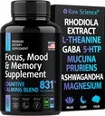 Suplementos cerebrales para memoria y foco - Ashwagandha, L Theanine, Rhodiola Extract, GABA, 5HTP - Nootropic, Mood Support " Cortisol Supplement - Magnesium Oxide, Mucuna Pruriens - 60 cápsulas