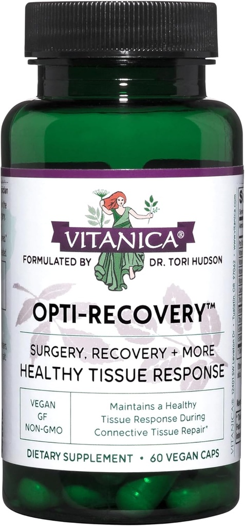 Vitanica Opti-Recovery, Pre " Post Surgery Support, Wound Care, BBL, Tummy Tuck, C Sección " Postpartum Vitamin Essentials Healing Support, Scar, Hombro, Histerectomía, Breast " Lipo, Vegan, 60 Caps