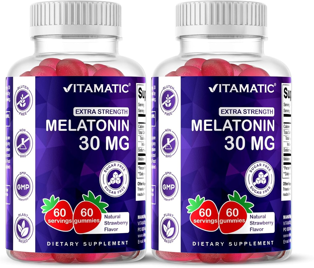 Vitamatic Sugar Free Melatonin 30mg per Gummy - 60 Servings - 60 Gummies Vegetarian - Suplemento No-Habit (60 Conde (Pack of 2))