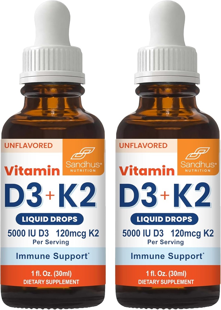 Sandhu's Vitamin D3 K2 Drops for Adults TEN 5000 IU D3 Liquid, 120mcg K2 Suplemento 1 Fl Oz (Pack of 2) TEN D3K2 Supports Superior Absorption, Energy, Immune, Muscle Health for Men &amp; Women