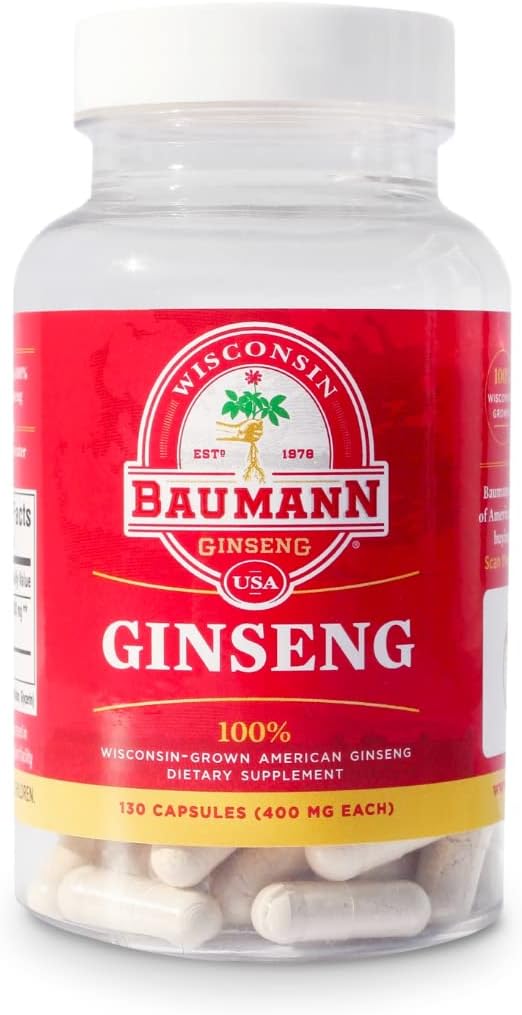 Baumann Wisconsin Ginseng Capsules 130 Pills 400 mg – Pure American Ginseng Root Extract Powder en cada píldora - 100% Natural Panax Ginseng Suplemento para Immune Support, Focus and Energy