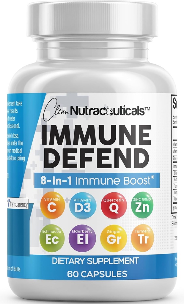 Nutracéuticos limpios Apoyo a la Defensa Inmunitaria Suplemento 8 en 1 con Zinc 50mg Quercetin, VIT C 1000mg, Vitamina D3 5000 UI, Elderberry, Ginger - Sistema Inmunitario Booster para adultos, Vegan - 60 Condes