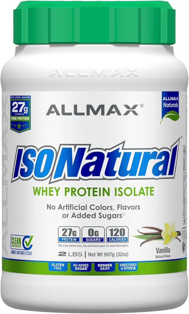 Tombow ALLMAX ISONATURAL Whey Protein Isolate, Vanilla - 2 lb - 27 Grams of Protein Per Scoop - Zero Fat & Sugar - 99% Lactose Free - with Prebiotics - No Artificial Flavors - Approx. 29 Servings