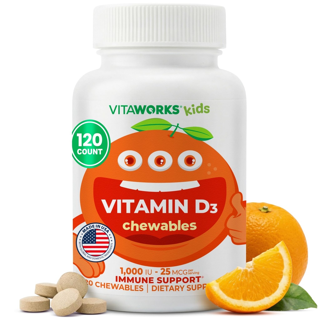 Kids Vitamin D 1000 IU Chewable Tablets - Tasty Natural Orange Flavor - Vegan, GMO-Free, Gluten Free, Nut Free Vitamins - Dietary Supplement for Immune Support - for Children - 120 Chewables