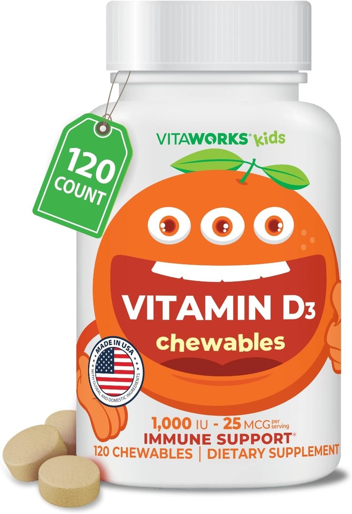 Niños Vitamina D 1000 IU Tablas cultivables - Tasty Natural Orange Flavor - Vegan, GMO-libre, sin gluten, vitaminas libres de nuez - Suplemento dietético para el soporte de inmuno - para niños - 120 Chewables