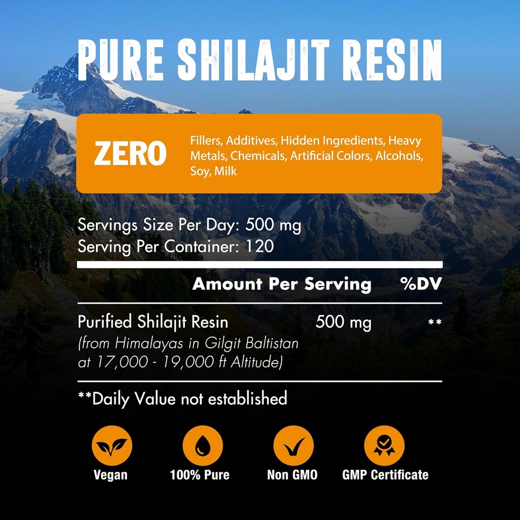 60.000 MG Shilajit Pura resina orgánica - 65% Fulvic Acid &amp; 85+ Trace Minerals, 120 Servings - Awaken Energy Booster &amp; Support Immune, Enhance Global Health &amp; Brain Booster - Sugar Free