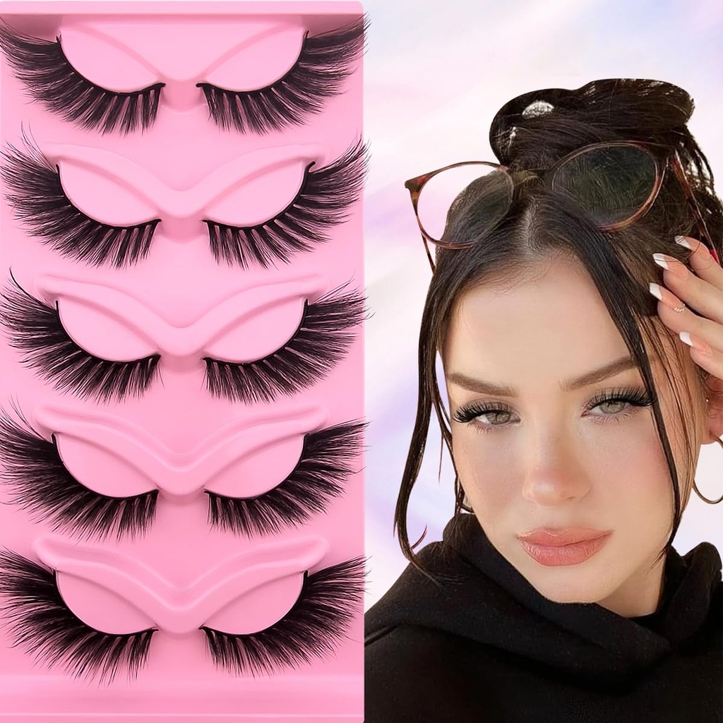 Fox Eye Wispy Eyelashes 20mm Long Cat-Eye Lashes Angel Wing Lashes Faux Mink False Eyelashes Natural Look 5 Pairs Pack