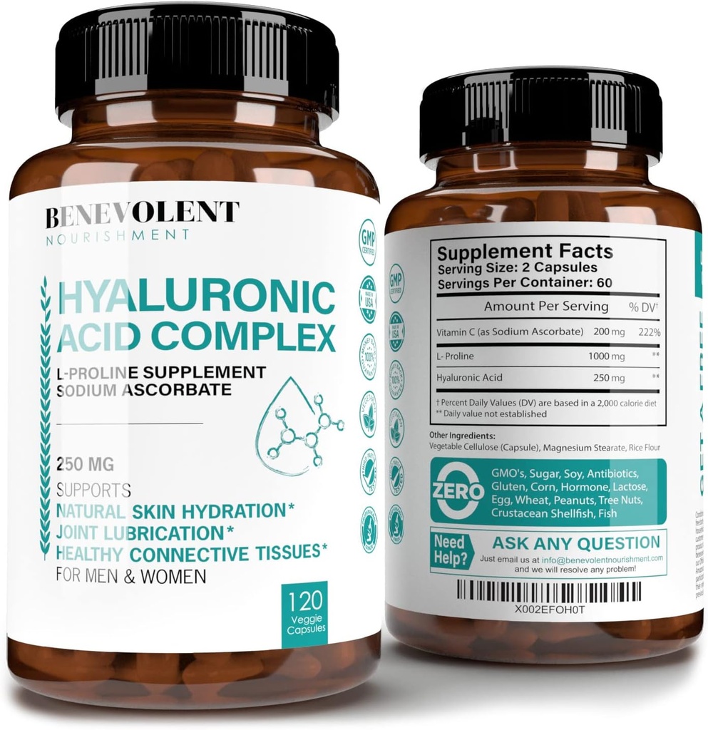 Suplementos de ácido hialurónico 250mg con 200mg Vitamina C, 1000mg L-Proline " Anti-Aging Beneficios, Cápsulas de ácido hialurónico para la piel juvenil, articulaciones " Salud de tejido conectivo - 120 Cápsulas