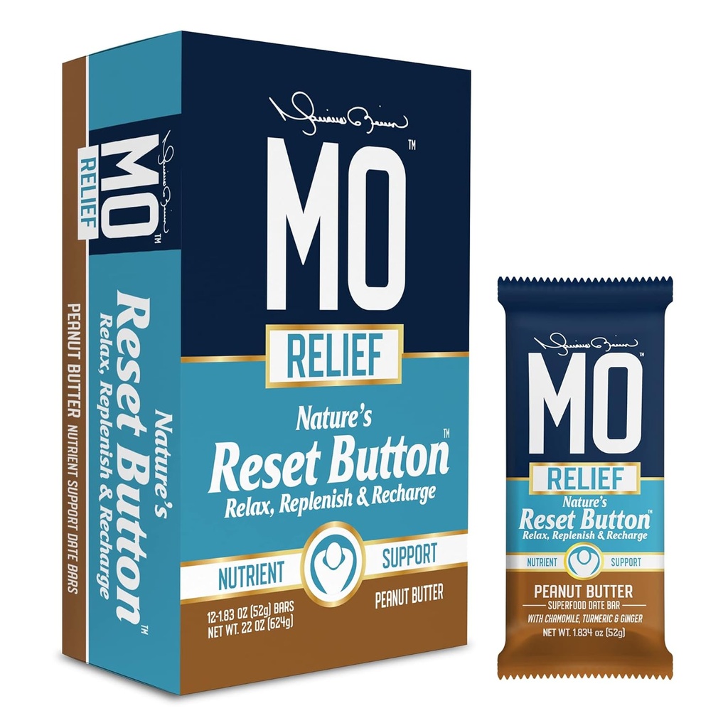 "MO RELIEF" BARS – All-Natural Superfood Snack Bar - Recuperación Snack Bares – Después del entrenamiento Nutrient Soporte con Fechas, Chamomile, Turmeric, " Ginger - (12 bares en una caja) (Peanut Butter)