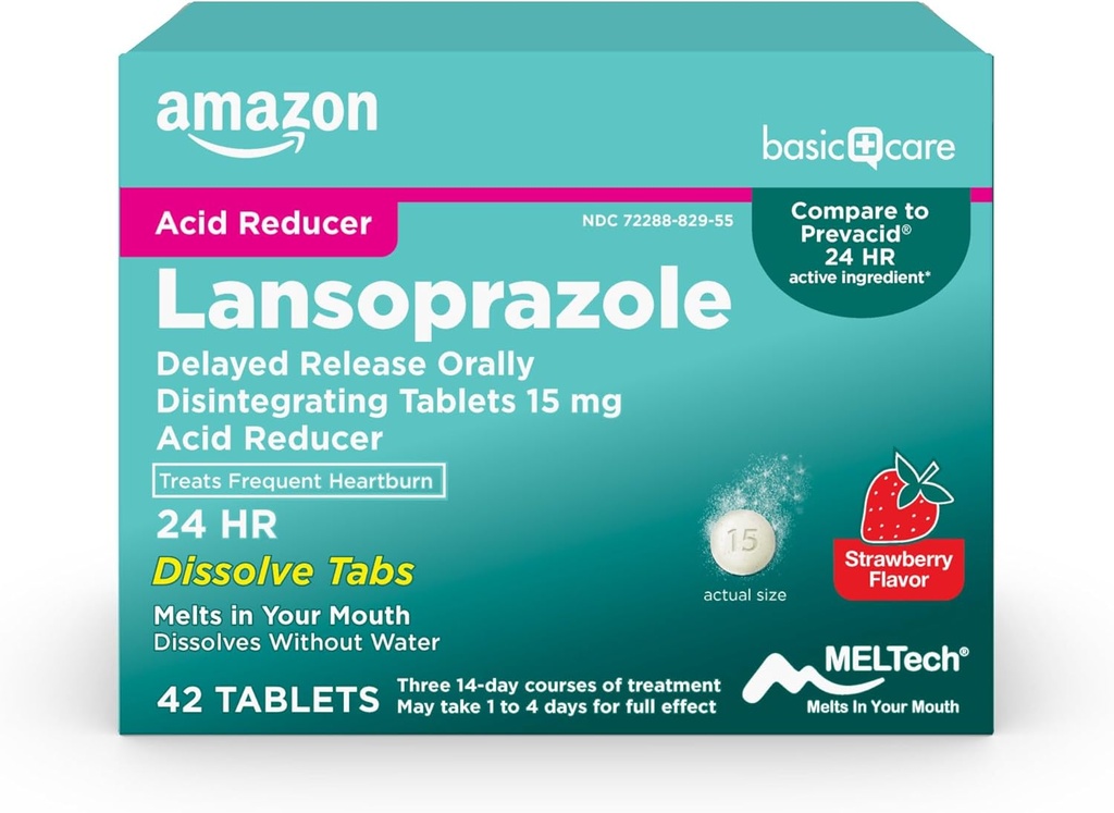 Cuidado básico Lansoprazole Delayed Release Orally Disintegrating Tablets 15 mg, Acid Reducer Pills, Strawberry Flavor, 42 Conde