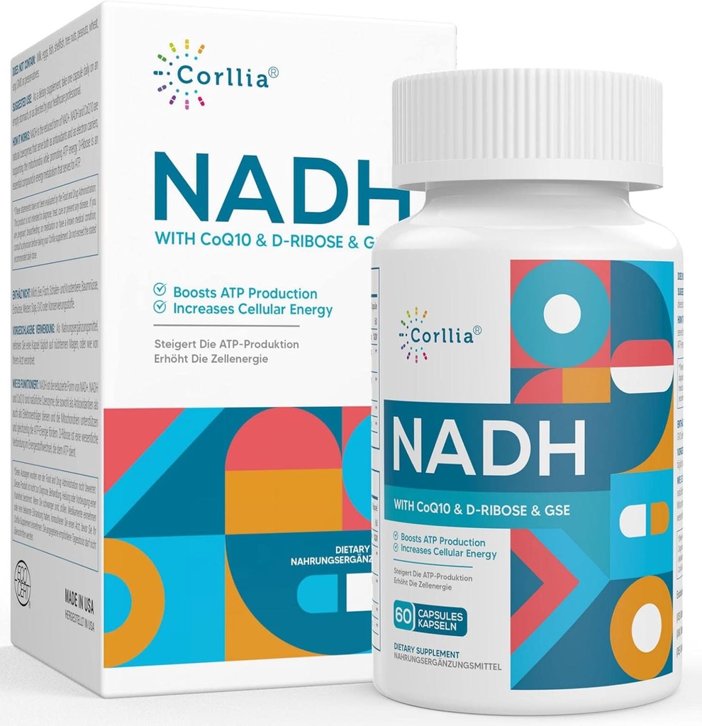 NADH + CoQ10 + D-Ribose Suplemento, Mejora NAD+ Suplemento de Energía, Fatiga , 60 cápsulas