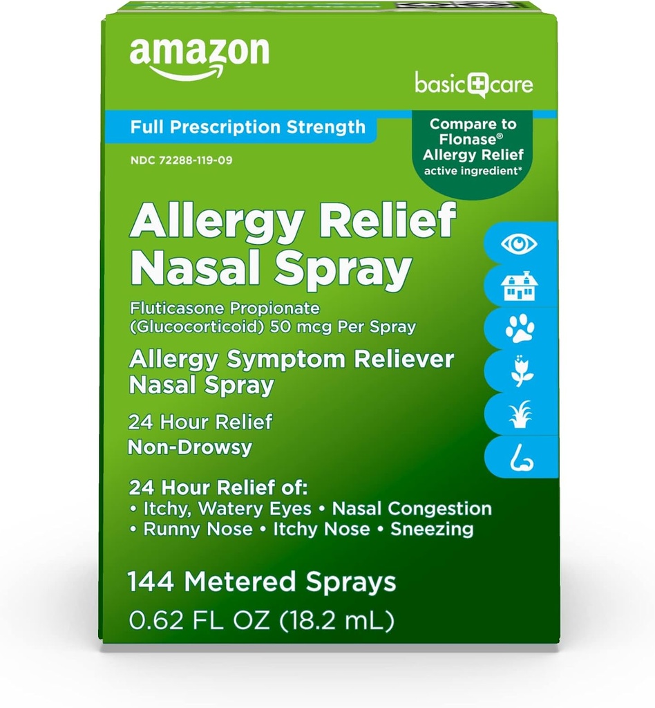 Atención básica 24 horas Alivio de la alergia Nasal Spray, Fluticasone Propionate (Glucocorticoid), 50 mcg, Full Prescription Strength, Non-Drowsy, 0.62 fl oz (Pack of 1)