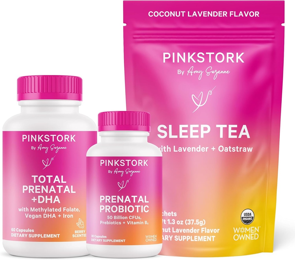 Pink Stork Pregnancy Bundle: Vitamina prenatal con DHA &amp; Folate, Probióticos prenatales para mujeres embarazadas, té de dormir libre de melatonina, embarazo debe tener para cada trimestre, conjunto de 3