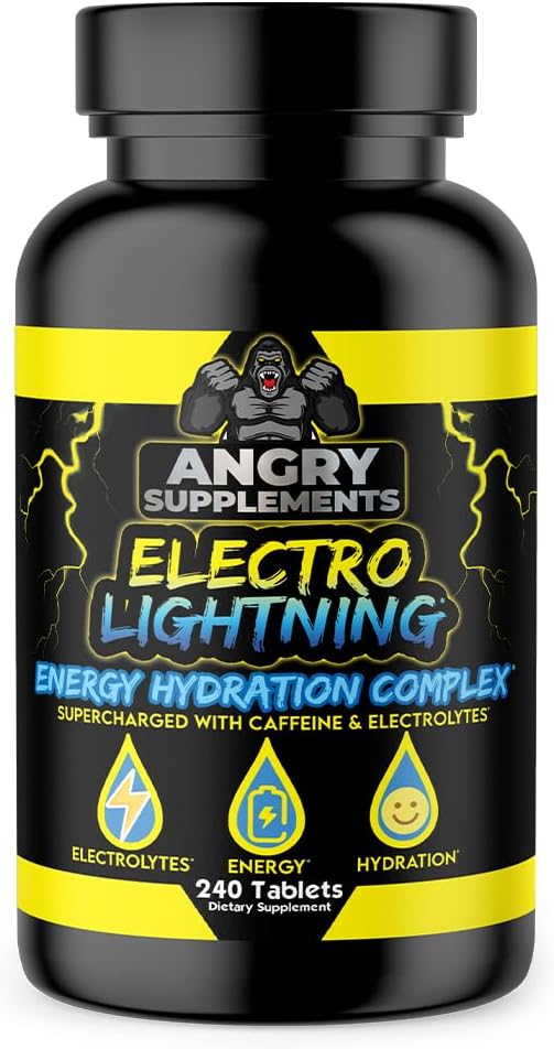Suplementos Angry Electro Lightning Energy Hydration Complex Electrolyte Tablets - Hydrate with Calcium, Magnesium, Sodium, Potassium &amp; Caffeine Pills (240ct, 120 Day Supply)