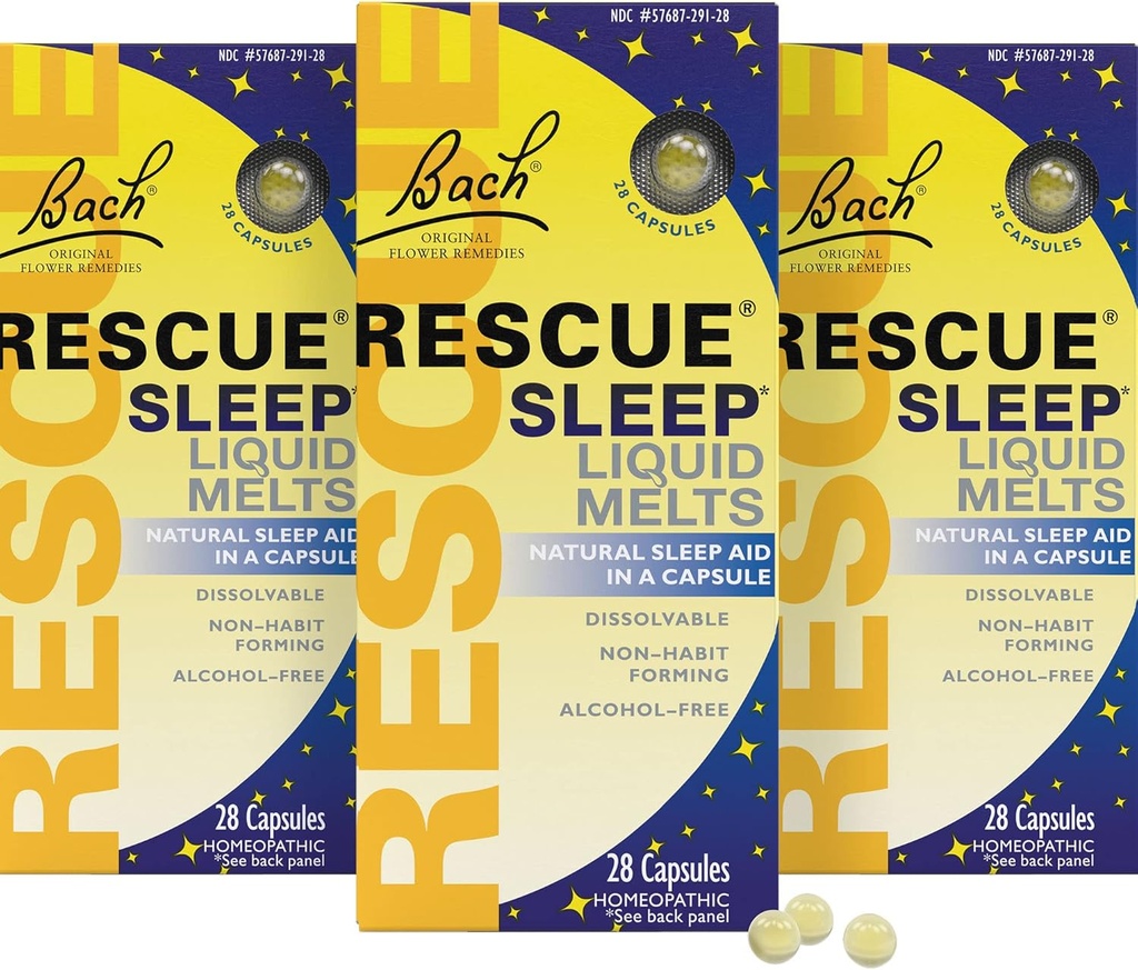 RESCUE Bach Sleep Liquid Melts, Natural Orange Vanilla Flavor, Natural Sleep Aid, Stress Relief, Homeopathic Flower Essence, Libre de Melatonin, No Alcohol, 3 Pack, 28 Cuenta Cada