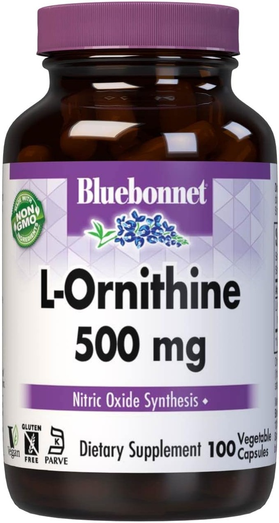 Bluebonnet Nutrition L-Ornithine 500mg, Free-Form Amino Acid, for Healthy Protein Metabolism*, Soy-Free, Gluten-Free, Non-GMO, Kosher Certified, Vegan, 100 Vegetable Capsules, 100 Servings