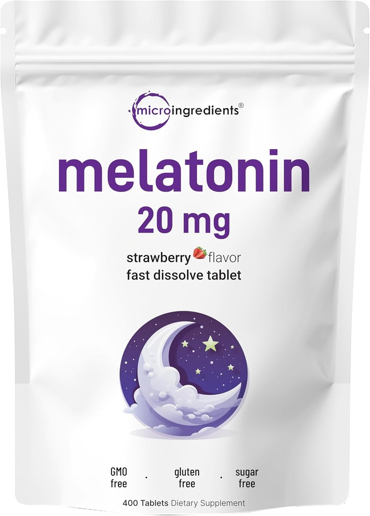 Micro Ingredientes Melatonin 20mg, 400 Tablets ← Natural Strawberry Flavor ← Fast Dissolve ← No Drug ← Vegetarian Friendly ← Non-GMO, No Gluten, Sugar Free