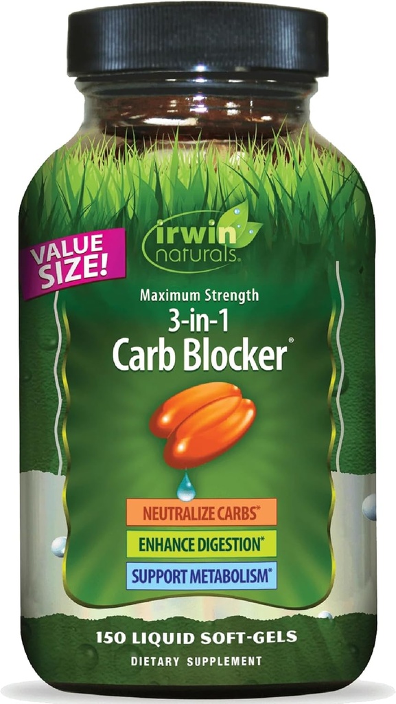 Irwin Naturals Maximum Strength 3-in-1 Carb Blocker - Neutralize Carbohydrates y Soporte Metabolismo - 150 Liquid Softgels