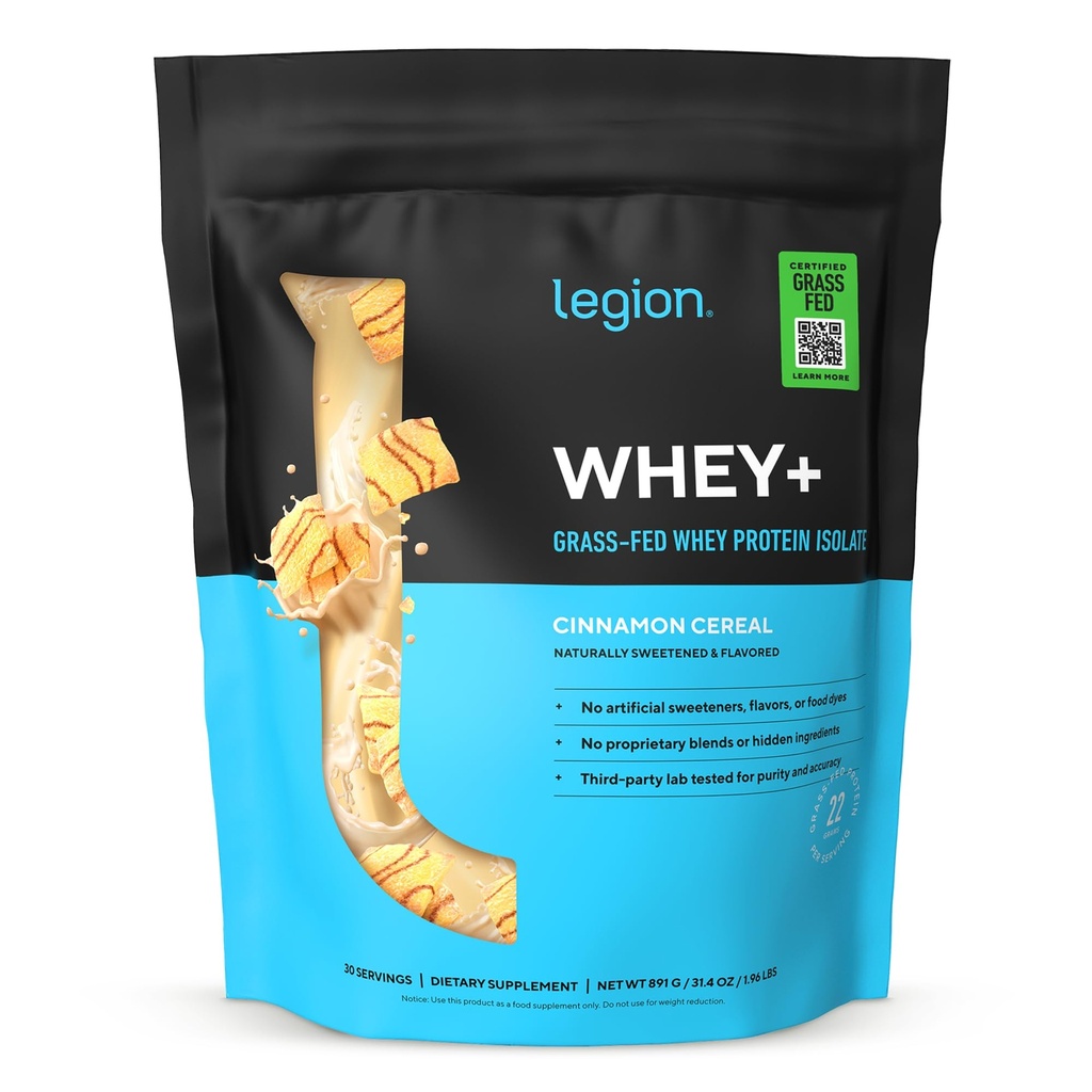 LEGION Whey+ Protein Whey Isolate from Grass Fed Cows (Cinnamon Cereal, 30 Servings) - Whey Protein Isolate Powder Low Calorie, Non-GMO, Sugar Free, Lactose and Gluten Free, All Natural Protein Powder