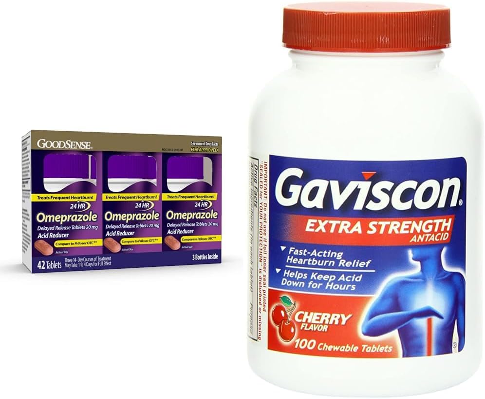 GoodSense Omeprazole Tablets 20 mg 14 Count (3 Pack) and Gaviscon Extra Strength Cherry Chewable Tablets Heartburn Relief 100 Count