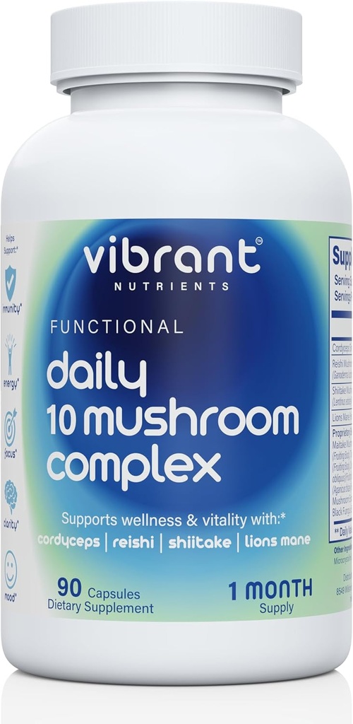 Daily 10 Mushroom Complex – Lions Mane, Reishi & Cordyceps – Immune Booster - Suplemento Nootropic Brain - Alivio de la energía natural y estrés – Gluten Gratis &amp; No GMO - 90 Veggie Capsules