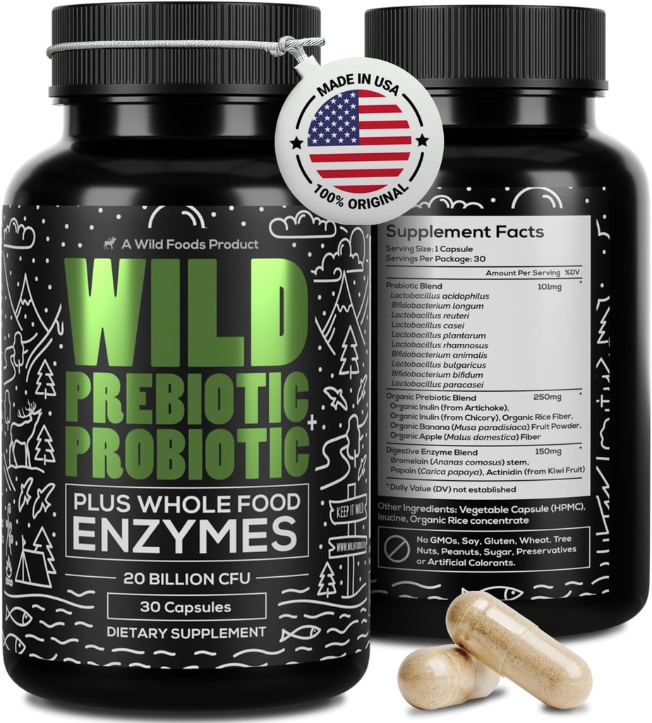 Prebióticos y Probióticos Salvajes con Enzimas Digestivos TEN 20 Billones CFU - 10 Estragos para Mujeres y Hombres TENIDO Apoyo Gut Health &amp; Digestion Suplementos ← Fiber Prebiótico No GMO TEN 30 cápsulas