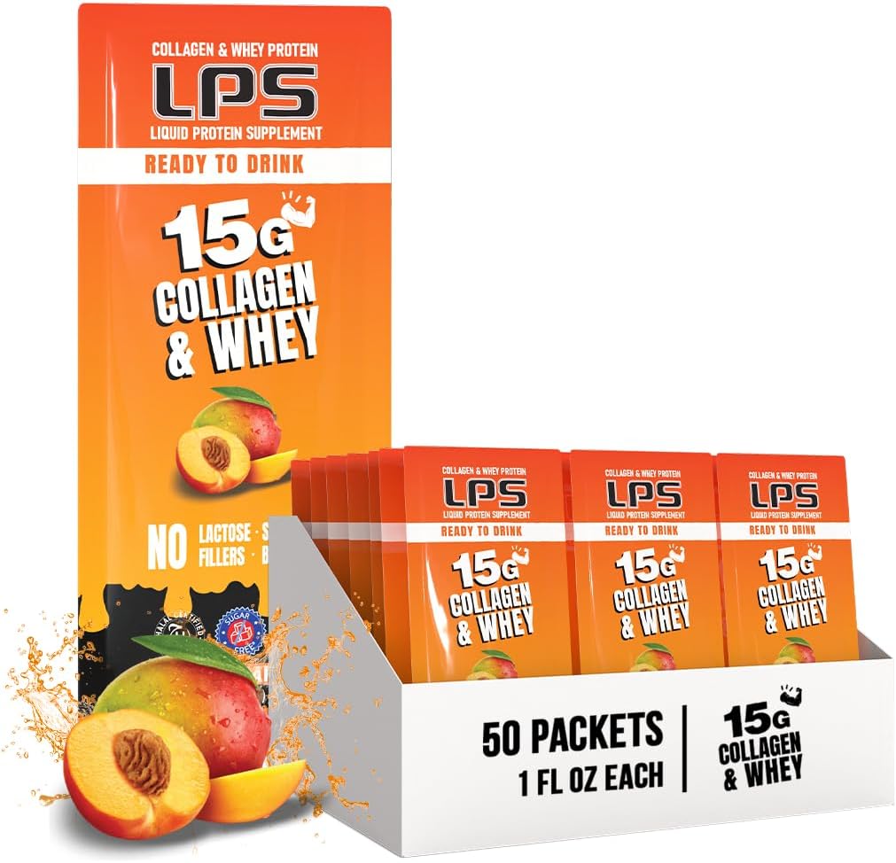 Diseños Nutricionales LPS Collagen líquido &amp; Whey Protein Suplemento - Bebida no GMO, libre de azúcar - promueve la piel sana y el pelo para mujeres, mango de melocotón, servicio único (50 paquetes)