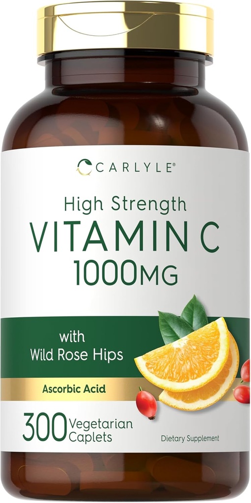 Carlyle Vitamin C 1000mg ← 300 Caplets Vegetarian ← Ácido ascórbico con Rosa Salvaje HIPS TEN High Strength Formula ← Non-GMO y Gluten Free Supplement