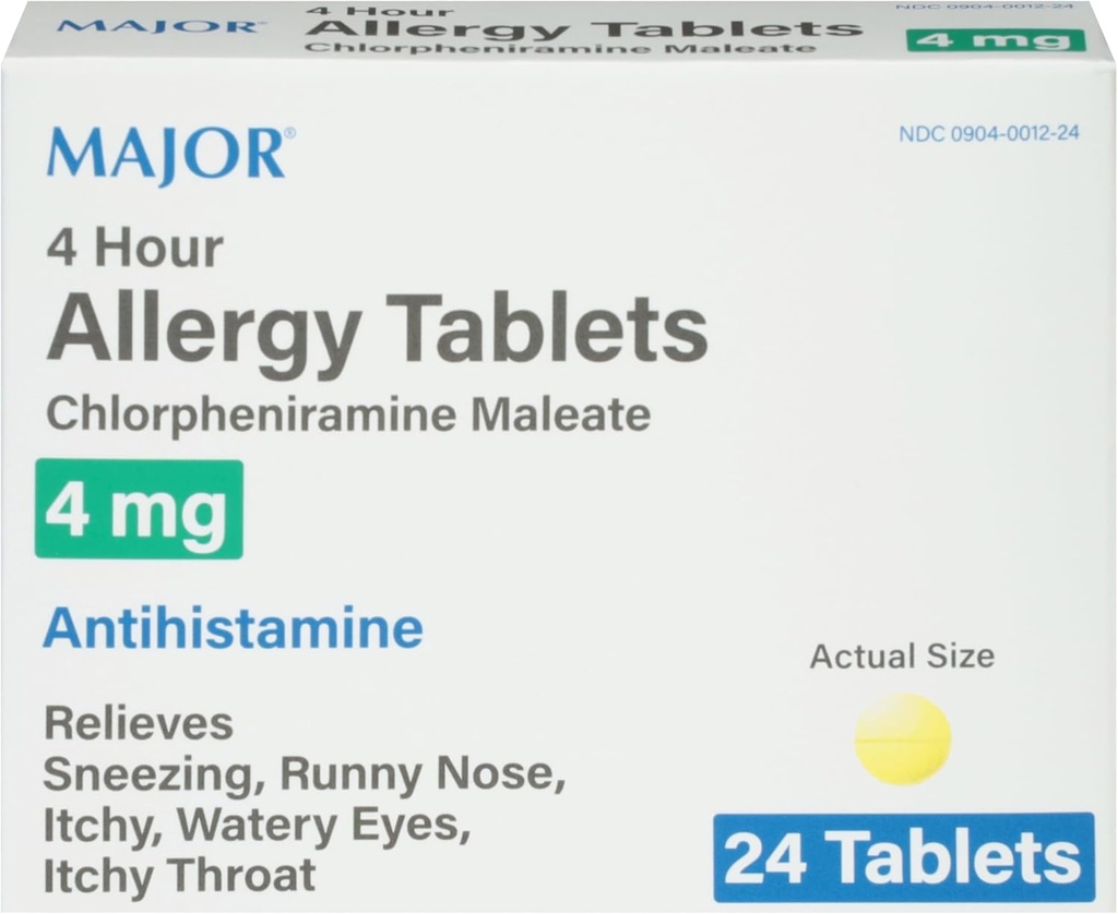 MAJOR 4 horas Alergía Tabletas - Chlorpheniramine Maleate 4mg - Antihistamine - 24 Cuenta (1 Pack)