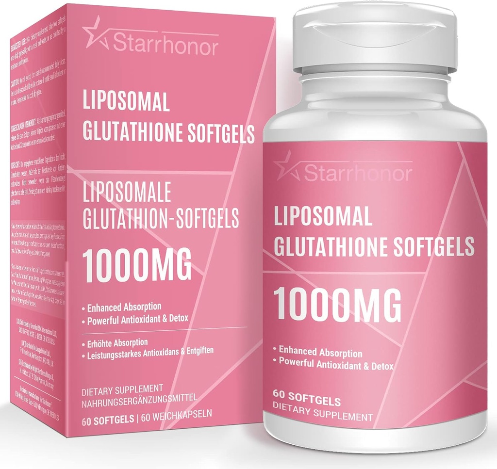 Liposomal Glutathione Softgels 1500MG, Reducido Glutathione Suplemento con vitamina C, mejor absorción, antioxidante no GMO potente para el envejecimiento saludable, detox, salud inmune, 60 Softgels