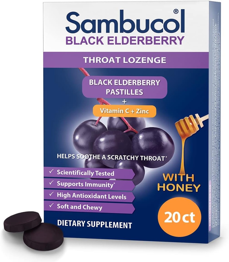 Sambucol Black Elderberry Throat Lozenge - Sambucus Elderberry Lozenges Con Vitamina C, Zinc &amp; Honey, Ayuda a Soothe a Scratchy Throat, High Antioxidants, Gluten-Free - 20 Con