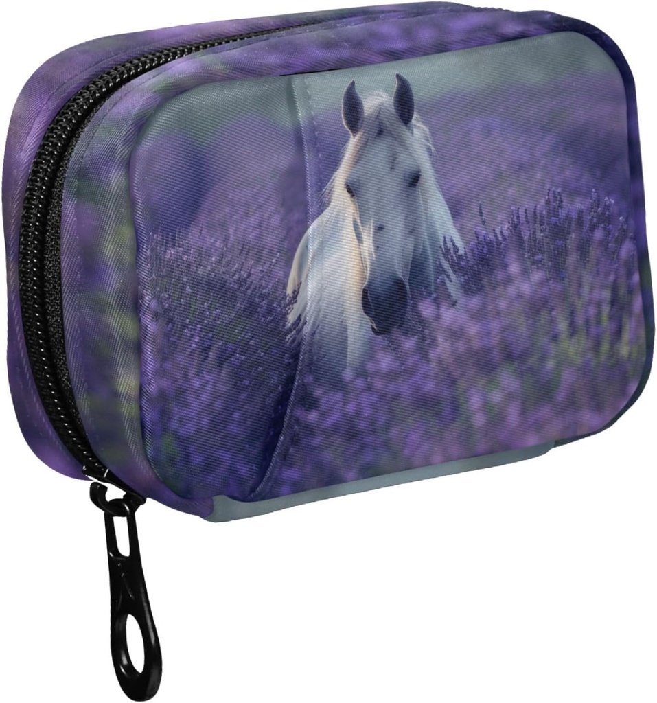 Fustylead Hermoso Caballo Blanco en Lavender Flower Field Pill Organizer Caso con Zipper 2 veces un día para la vitamina y suplemento, 7 días organizador de viajes Caso de medicina