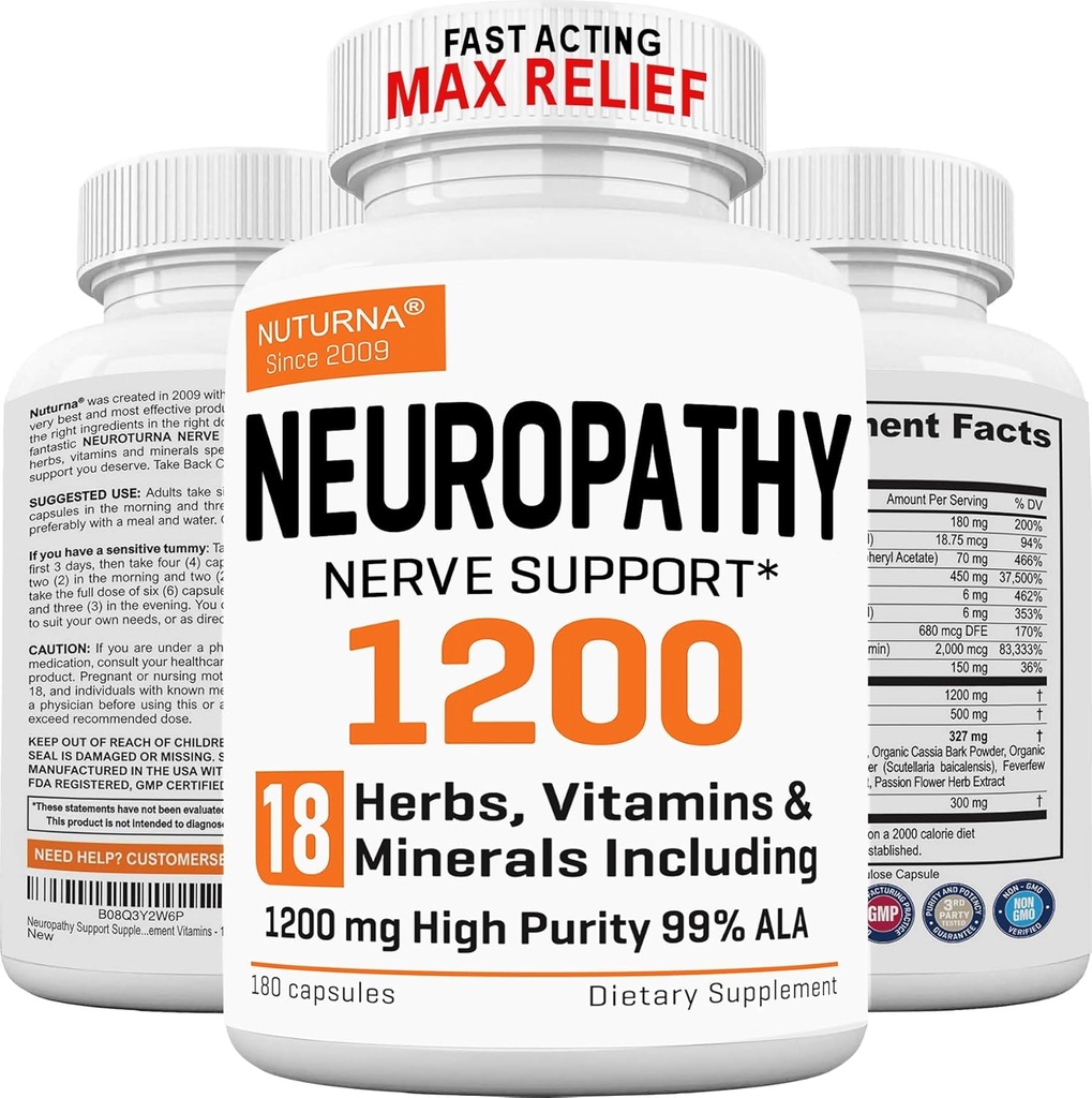 Suplemento de soporte de neuropatía con 1200 mg HP-99 Ácido Alfa Lipoico - Max Strength ALA Nerve Fórmula para Manos de Pie Fingers Legs - Ultra Potent 18 en 1 Vitaminas Periféricas Naturales - 180 cápsulas